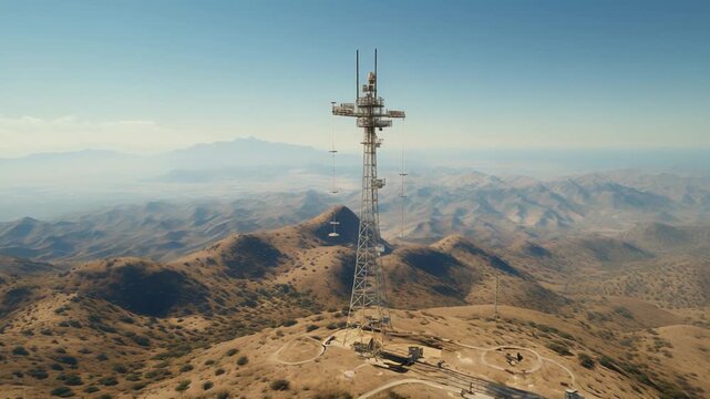 Communication tower standing tall on a desert mountain peak, connecting communities with telecommunication technology across a vast, rugged, and remote landscape under a clear sky