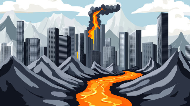 Artistic city skyline with gray skyscrapers, orange lava-like river flowing between rocky canyons, fiery smoke plume rising from central smokestack, snowy mountain peaks framed by abstract cloudy sky