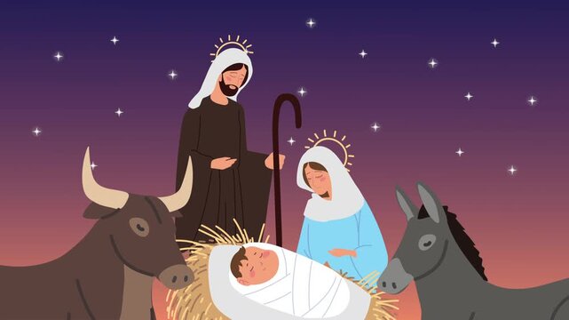 Nativity scene unfolds with gentle motion showing Mary, Joseph, baby Jesus, ox and donkey under starry sky.