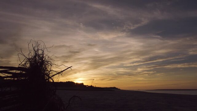 A timelapse of the golden sun peaking over the coastline of Cape Cod with driftwood in the foreground, wispy clouds overhead and the ocean in the background