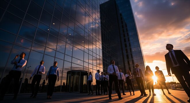 Business people walking towards a modern office building at sunset