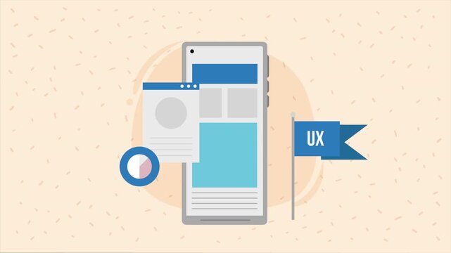 Animated user experience design concept featuring smartphone mockup with interface elements and ux flag on pattern background.