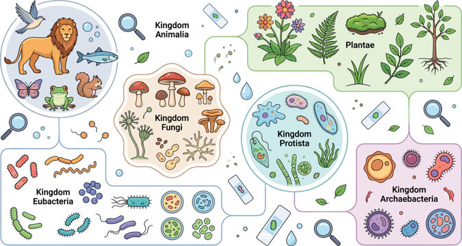 Five Kingdoms Biology Classification Diagram with Animals Plants Fungi Protista Archaebacteria and Eubacteria for Science Education