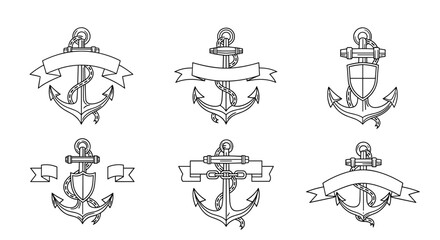 Obraz premium Set of nautical anchor emblems with ribbons and heraldic shields in a clean black and white line art vector illustration style.
