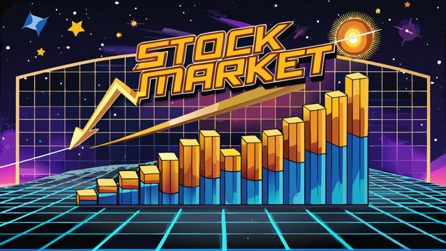 Futuristic stock market graph, 3D bar chart, business finance illustration, neon colors
