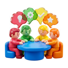 Fototapeta premium 3D cartoon team meeting at round table with speech bubbles showing ideas, goals, and teamwork, representing collaboration and brainstorming