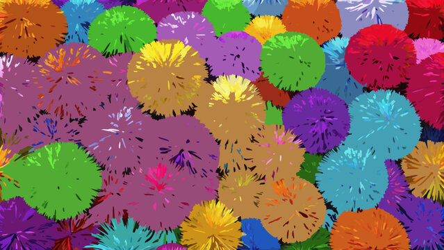 Colorful pom poms, fluffy pompoms, fuzzy balls, multicolored decorative elements, party decorations