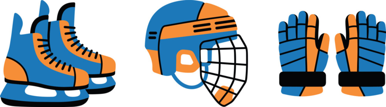 Ice Hockey Gear Icon Set with Skates Helmet Gloves and Protective Winter Sports Equipment Vector Illustration