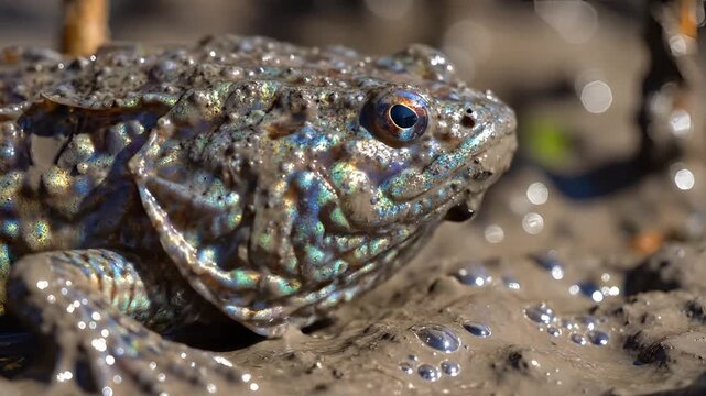 Closeup of a Mudskipper Fish with Mouth Open in Muddy Habitat.