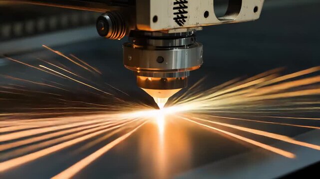 Industrial laser cutting machine using a high power beam to precisely cut and engrave metal materials, creating bright sparks and intricate designs in a manufacturing environment
