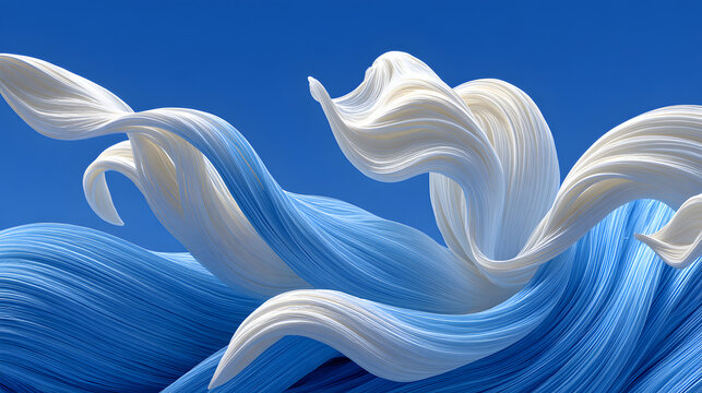 Dynamic flowing fabric waves in blue and white on a clear blue background