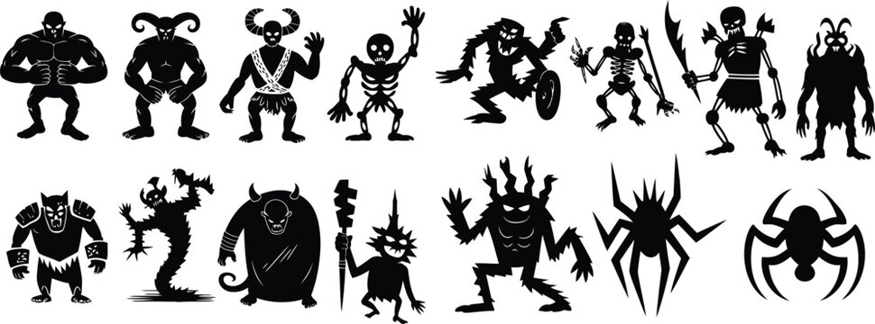 Fantasy monster silhouettes, dark mythical creatures, skeleton warriors, horned demons, ogres, spider beings, eerie vector illustration