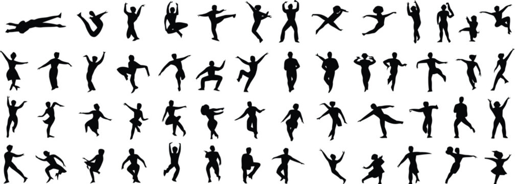 Energetic dance silhouettes, expressive human body poses, dynamic motion figures, artistic vector illustration for creative design inspiration
