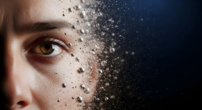 A close up of a person's face dissolving into floating liquid bubbles against a dark background.
