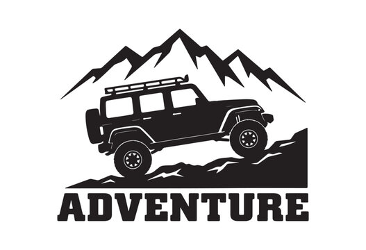 Off-road jeep silhouette with mountain background.