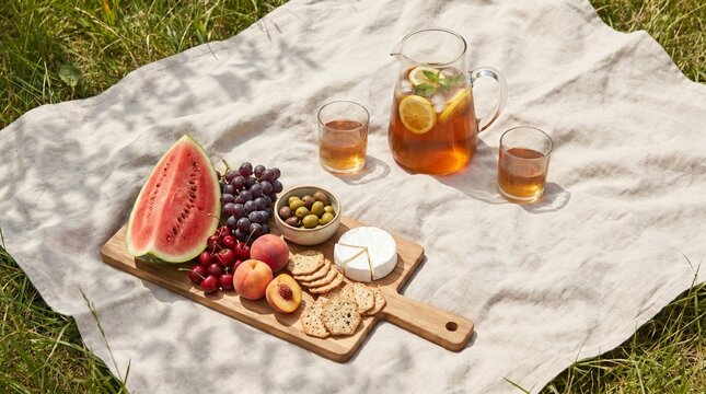 Outdoor summer picnic with food and drinks.