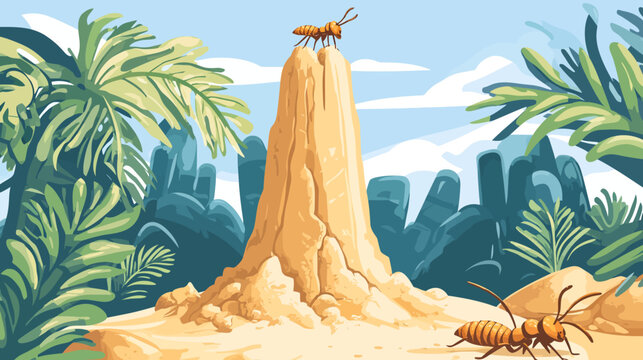 Illustrated scene of a desert with a tall termite mound topped by an ant, surrounded by lush green plants and a mountain range, sky with clouds