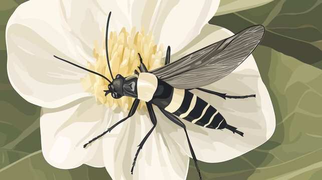 Digital illustration of a wasp on a white flower with yellow center