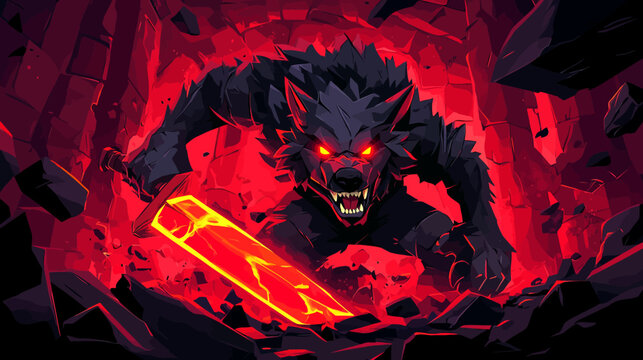 Fierce wolf-like creature with glowing eyes and a fiery sword