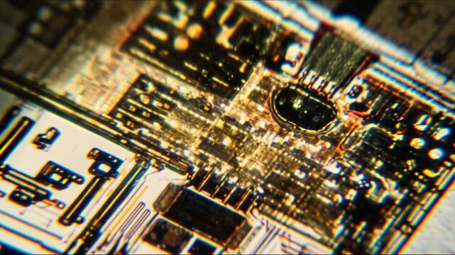 Microchip circuitry displaying complex silicon pathways and components, representing the core elements of modern computing and data processing technology at a microscopic level