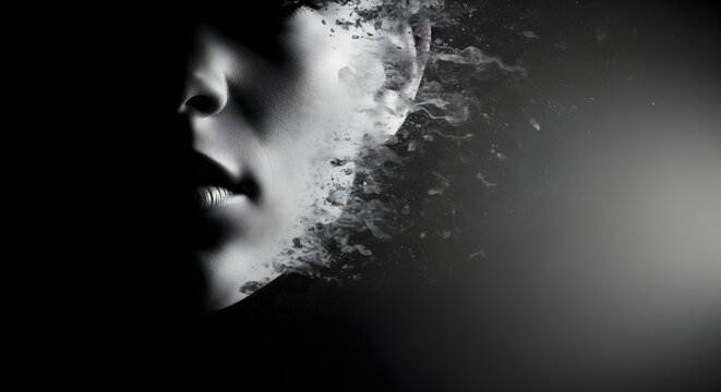 A conceptual monochrome portrait of a human face dissolving into abstract particles
