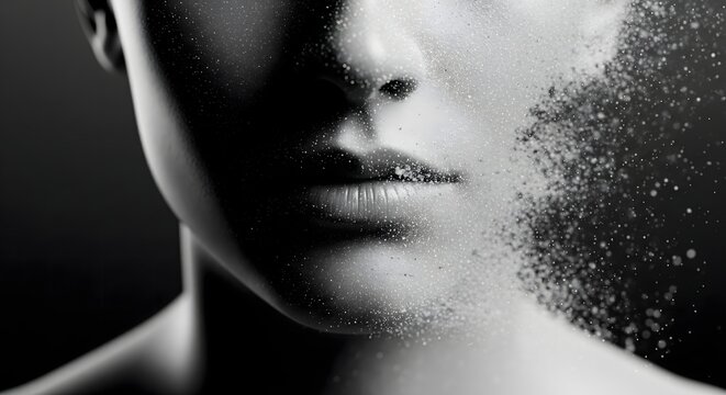 A conceptual close-up portrait of a person dissolving into fine particles in monochromatic tones.