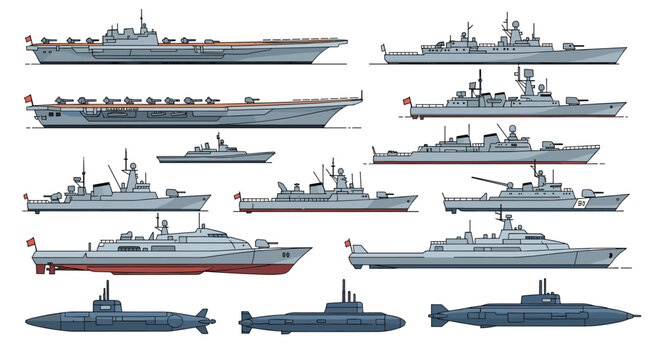 Detailed collection of various military vessels including aircraft carriers, destroyers, cruisers, and stealth submarines.