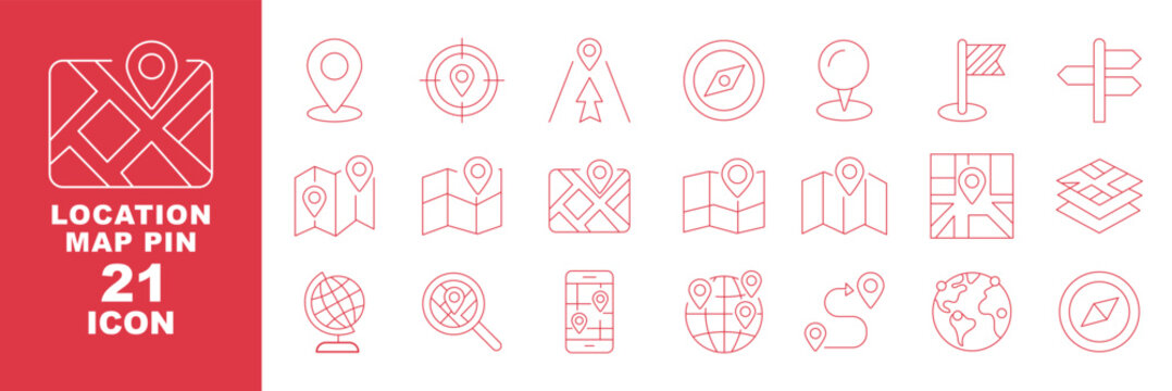 Map and location icon set. Navigation, GPS, direction, travel, route, destination, road, navigator icons. Thin line editable stroke vector illustrations. search pointers, geotags, and address symbols
