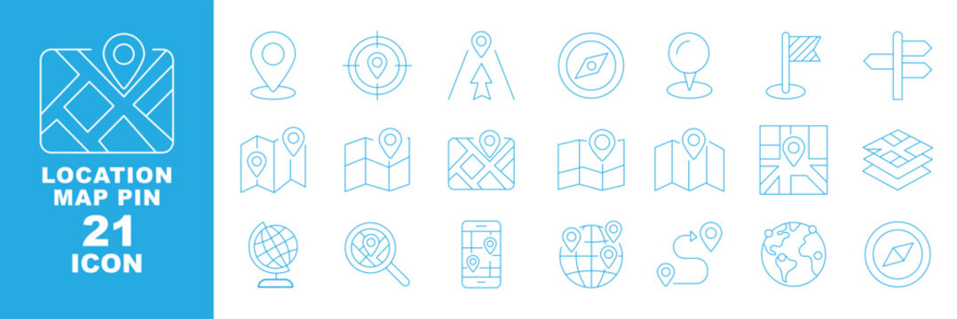 Map and location icon set. Navigation, GPS, direction, travel, route, destination, road, navigator icons. Thin line editable stroke vector illustrations. search pointers, geotags, and address symbols