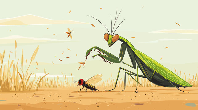 A detailed illustration of a large green mantis and smaller insect outdoors