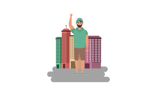 Animated young man protesting with raised fist in front of city skyline buildings and urban landscape.