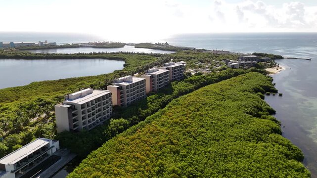 Aerial View of Punta Nizuc and Hotel Zone of Cancun, Mexico, Landscape, Buildings and Coastline, Drone Shot