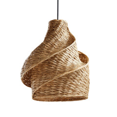 Obraz premium Elegant curved woven seagrass pendant light showcases artisanal craftsmanship against a pure white backdrop.