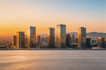 Obraz premium City skyline with tall buildings at sunset