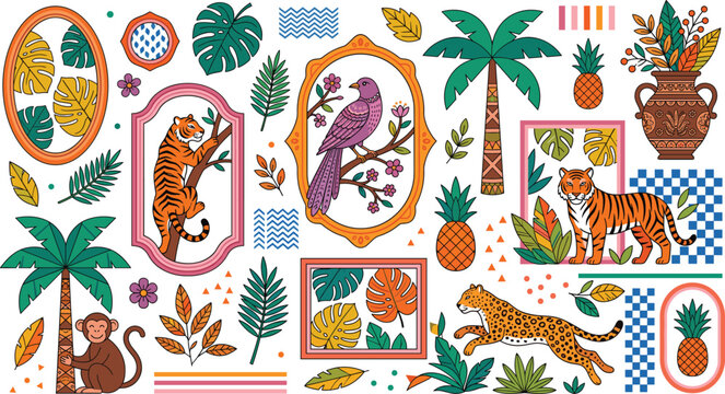Tropical Jungle Wildlife and Botanical Vector Set with Tiger Leopard Monkey Bird Palm Trees and Exotic Foliage Elements in Decorative Frames