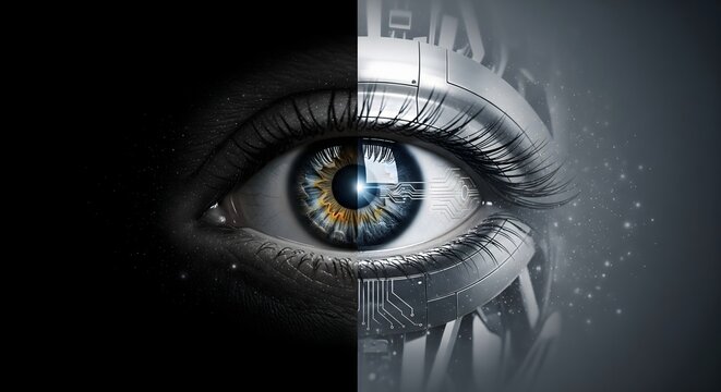 A conceptual illustration showing a human eye merging with digital technology and circuitry.