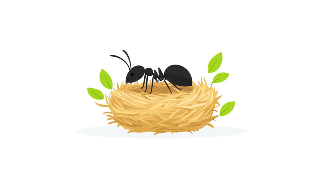 Illustration of a black ant on a nest with green leaves
