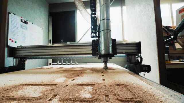 Wide low angle of a CNC router over a dusty plywood sheet with cut paths visible.