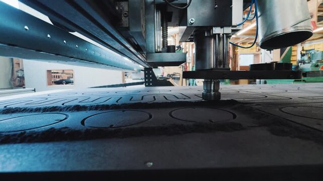 Low angle view from beneath a CNC machine as it cuts patterns into a sheet of wood.