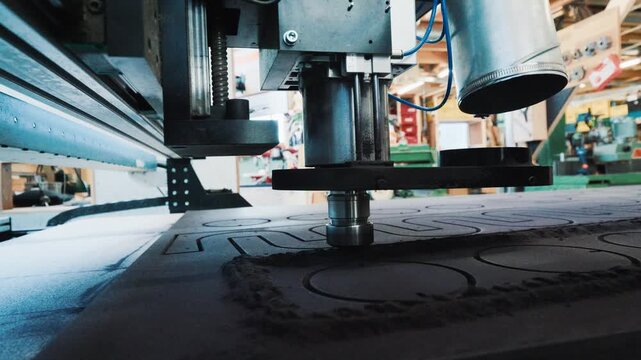 Dramatic low perspective of a CNC head moving over a patterned board during cutting.
