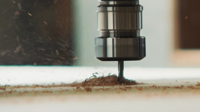Slowmotion Close up of a CNC router bit cutting wood with sawdust flying through the air in slow industrial detail.