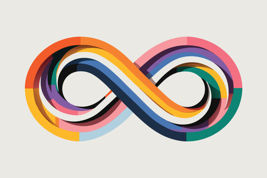 Colorful 3D infinity symbol with vibrant rainbow brush strokes and intertwined geometric loops, abstract vector illustration