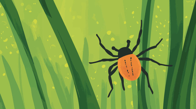 Illustration of a black and orange tick on green grass with detailed vegetation
