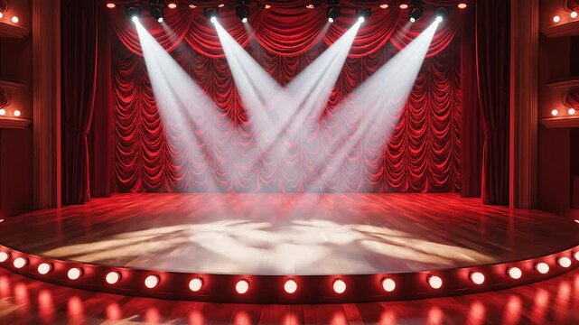 Theater stage with red curtains and spotlights for creative digital media and visual arts