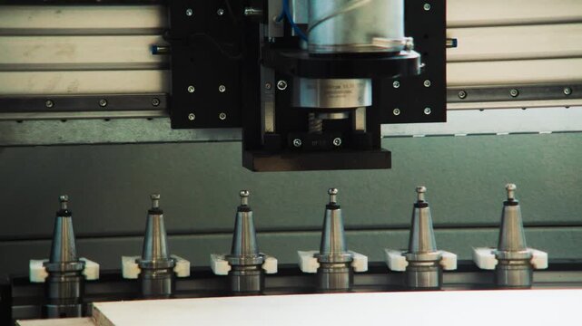 Clean lineup of CNC tool holders beneath the spindle inside a modern woodworking machine.