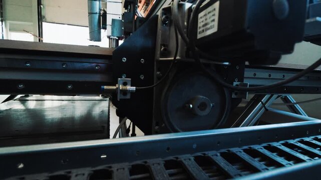 Close up of a CNC cable chain and machine rail inside a professional woodworking setup.
