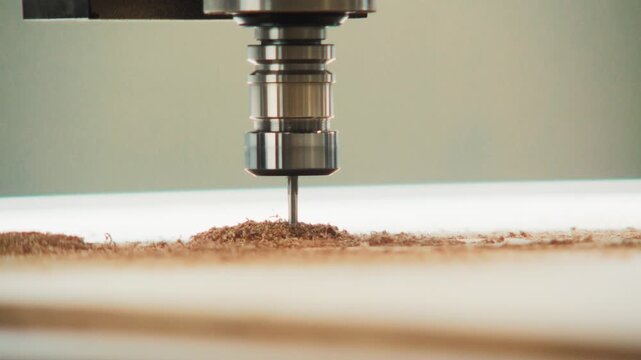 Macro shot of a CNC spindle cutting a pale board with a line of fresh sawdust in slowmotion