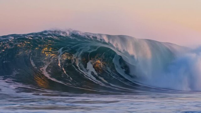 Large ocean wave at sunset highlighting environmental conservation and serenity