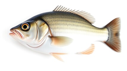 Naklejka premium A fresh sea bass isolated on white, showcasing crisp scales and natural texture.