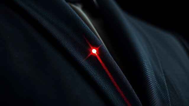 Extreme close-up of a single red laser dot focused on the texture of a grey wool suit lapel.